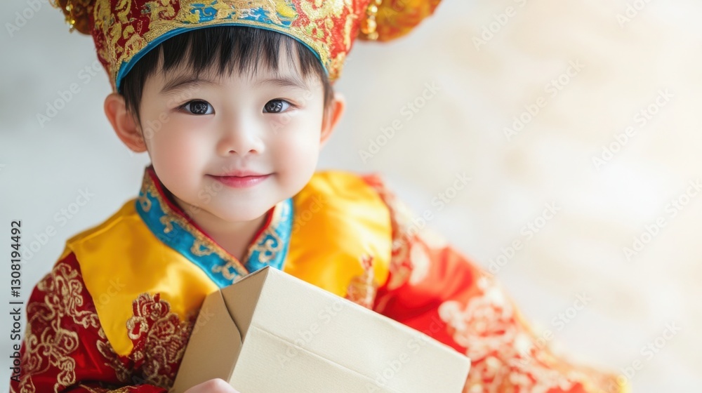 A close-up of an Asian child in a vibrant traditional outfit, holding an empty package against a bright, white background. A close-up of an Asian child in a vibrant traditional outfit, holding an empty package against a bright, white background.