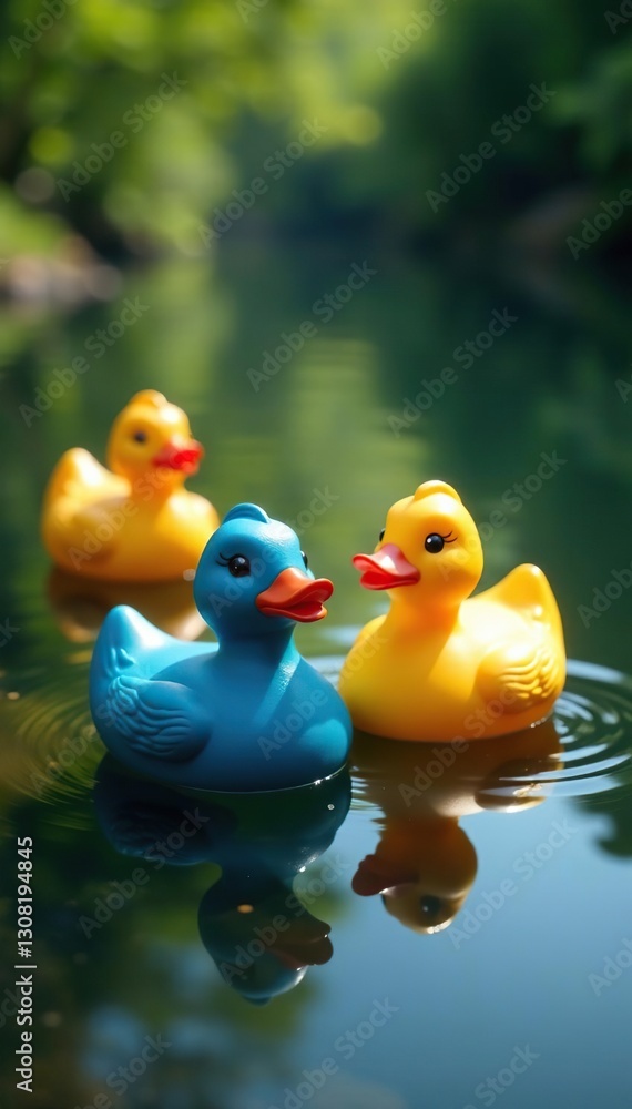 Colorful ducks float in a pond, game prizes visible , game stall, colourful, carnival Colorful ducks float in a pond, game prizes visible , game stall, colourful, carnival