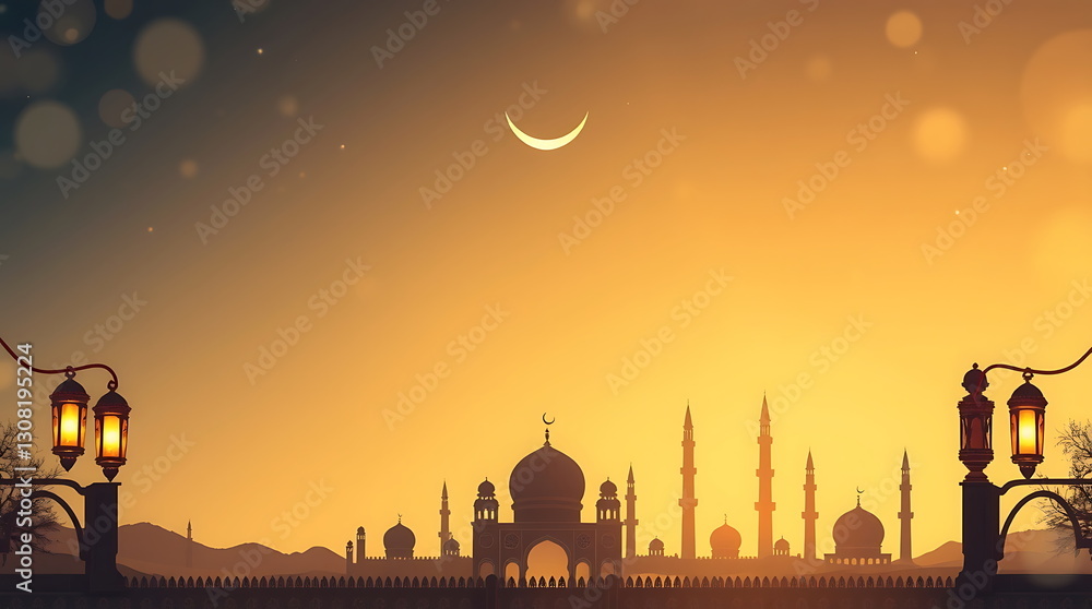 Obraz premium Ramadan Kareem Lanterns and Crescent Moon with Glowing Lights