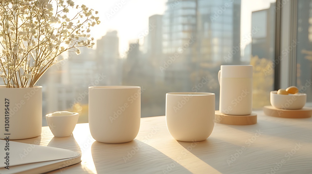 Morning coffee setup urban office still life bright atmosphere interior view minimalist aesthetic Morning coffee setup urban office still life bright atmosphere interior view minimalist aesthetic