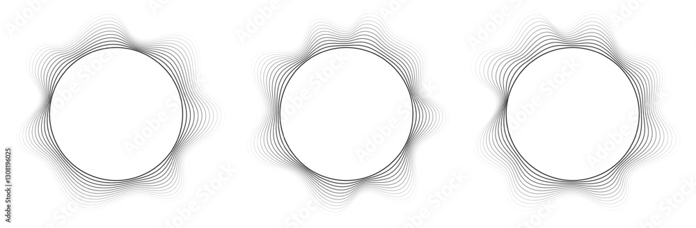 Round sound wave frames, circular lines pattern, radial curvy shapes, geometric concentric design. Vector illustration.