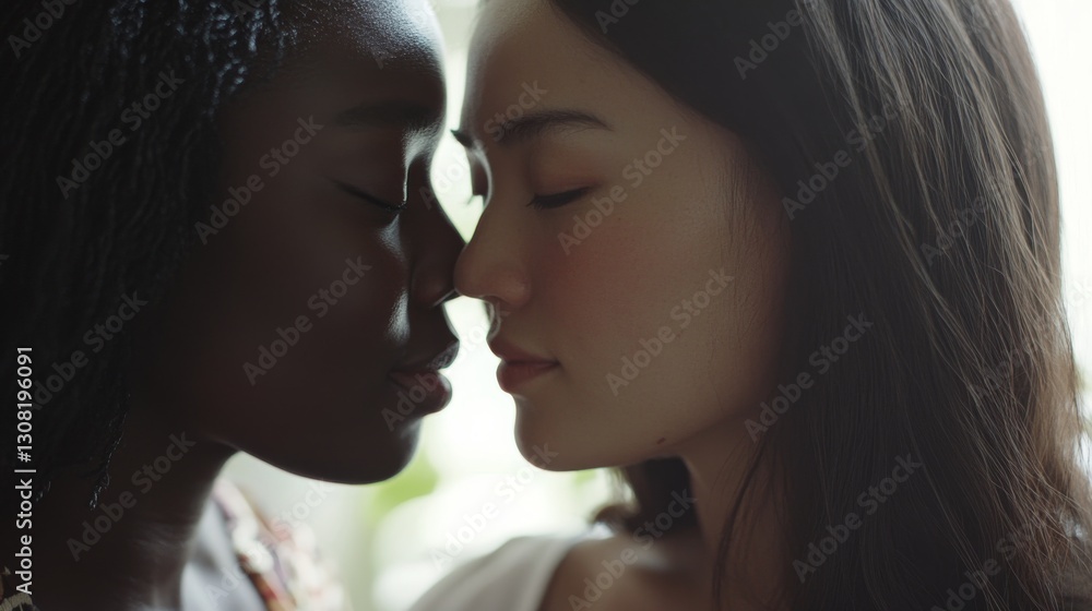 Two women of different ethnicities share an intimate moment, showcasing cultural diversity and connection Two women of different ethnicities share an intimate moment, showcasing cultural diversity and connection