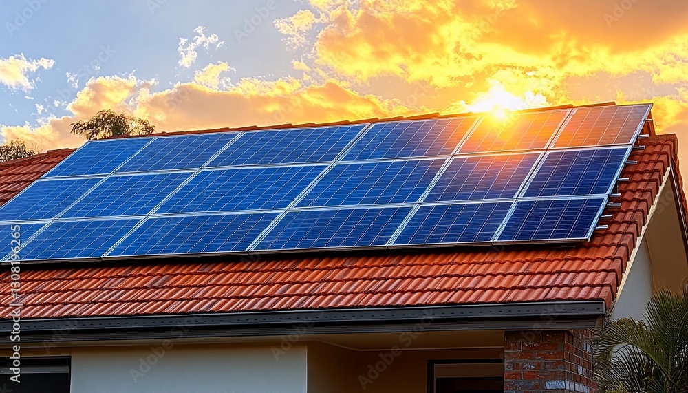 Naklejka premium Residential Solar Panel Installation at Sunset