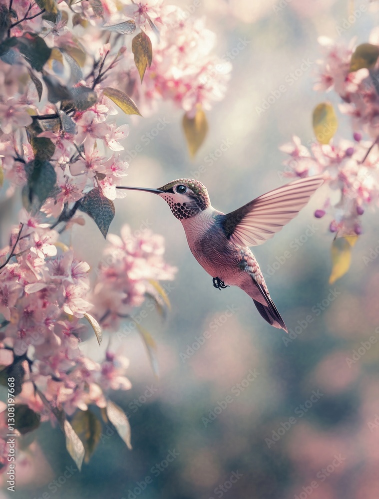Fototapeta premium Hummingbird in flight amidst blooming pink flowers.