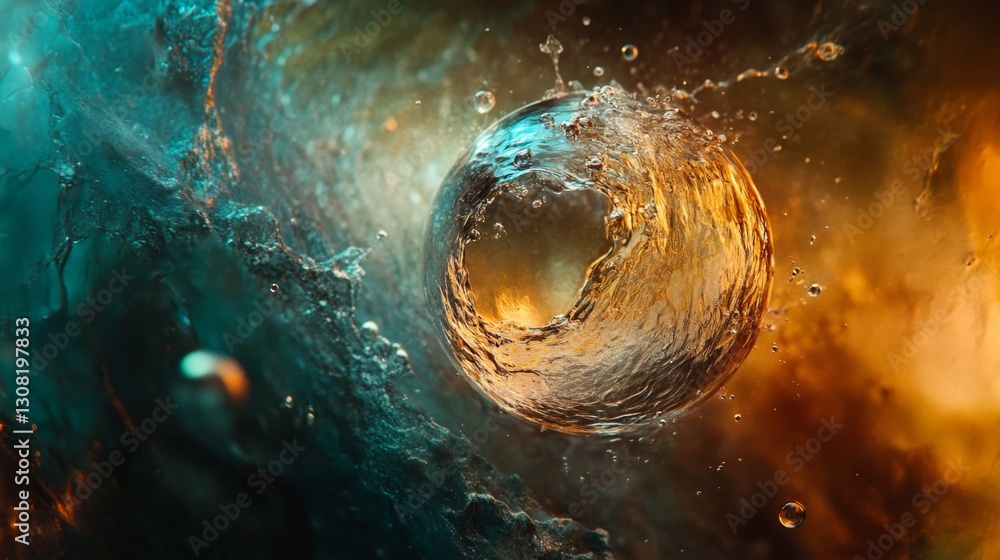 Fototapeta premium Glowing suspended water molecule in dynamic liquid space abstract visualization for scientific exploration