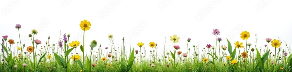 Fototapeta premium Close-up view of diverse meadow plant stems against a pure white backdrop , wild, element, texture