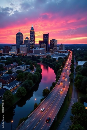 Aerial Nashville cityscape at dusk, Broadway & river vista , city, golden hour