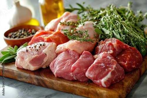 Fresh Variety of Raw Meats and Herbs on Wooden Cutting Board