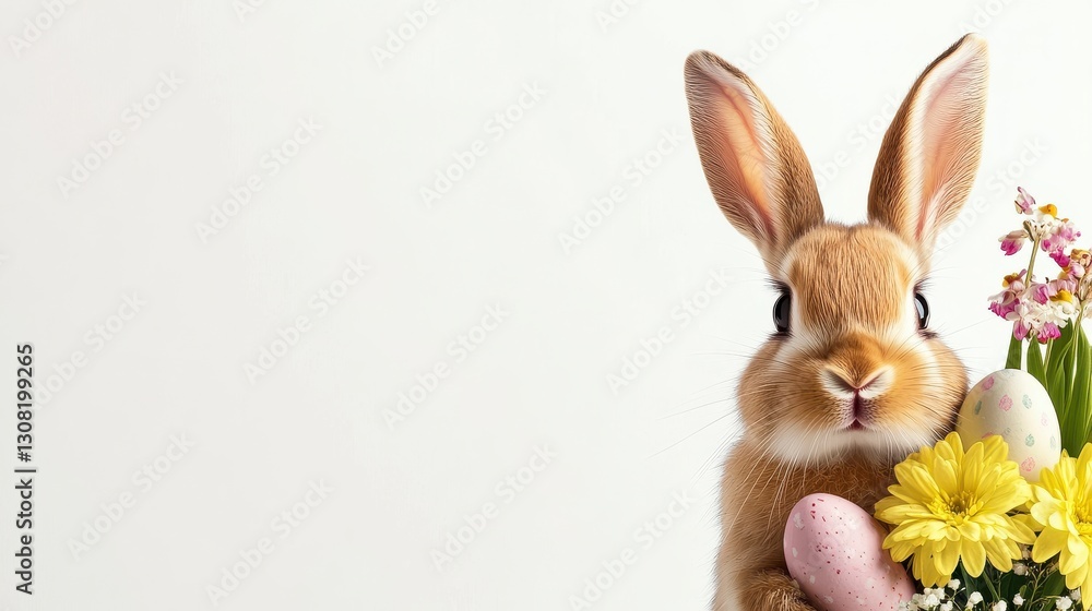 Obraz premium Adorable brown bunny rabbit holding pastel eggs and spring flowers against a white background. Festive Easter image