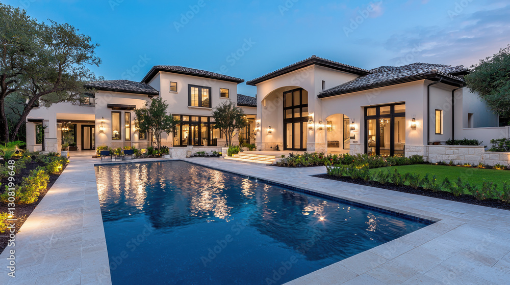 Fototapeta premium Beautiful residential house featuring a sparkling pool surrounded by lush landscaping, representing modern living