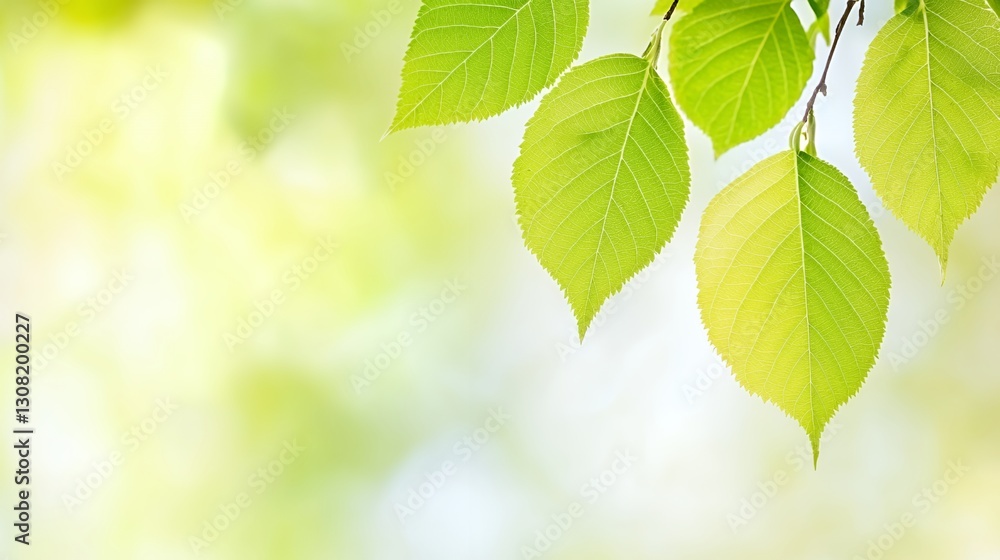 Bright Green Leaves on Branch Soft Light Background Bright Green Leaves on Branch Soft Light Background