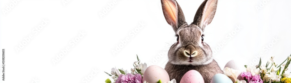 Obraz premium Adorable gray bunny surrounded by pastel Easter eggs and spring flowers against a bright white background. Perfect for Easter cards or spring
