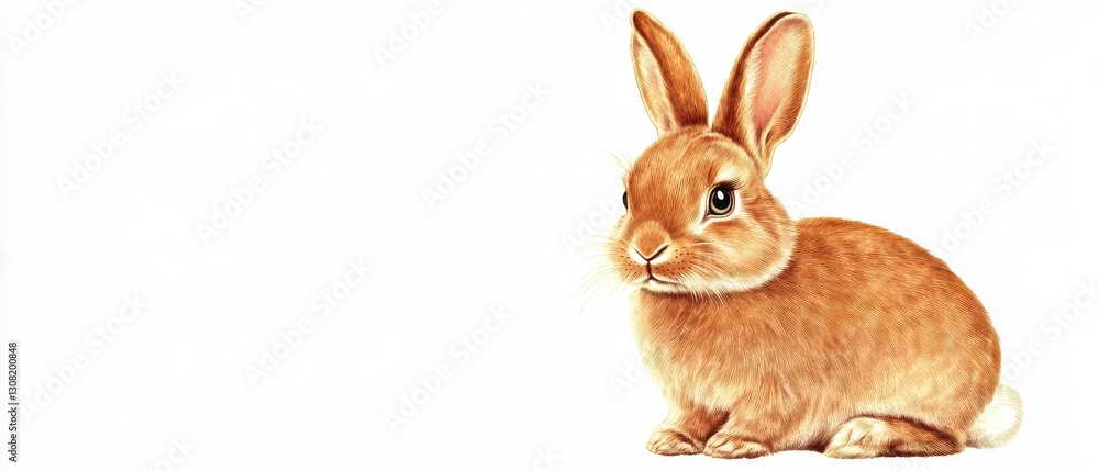 Fototapeta premium Light brown rabbit sitting on white background, facing viewer. Soft fur, long ears, small nose. Simple, clean image. 