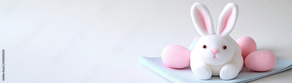 Obraz premium White plush Easter bunny resting on a light blue and white patterned fabric with pink Easter eggs. Soft, pastel color palette. Simple background