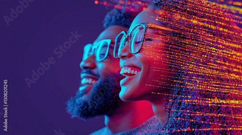 Joyful Couple  Digital Innovation  Tech  Future   Neon Lights   Smiling Faces  Data Stream