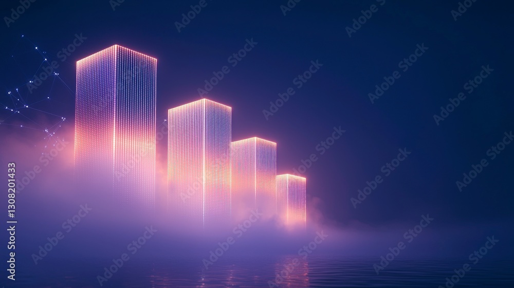 Fototapeta premium Futuristic Cityscape Neon Towers in Fog Digital Network Global Commerce