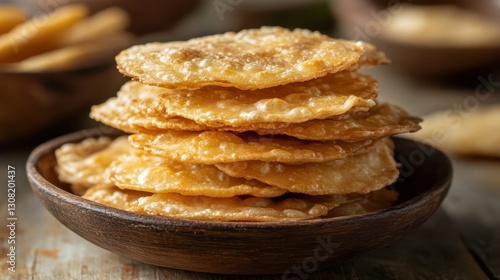 Wallpaper Mural Crispy Golden Snacks Stacked in a Wooden Bowl on Rustic Surface Torontodigital.ca