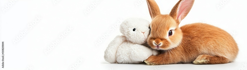 Obraz premium Adorable brown rabbit cuddles a white plush toy against a bright white background. Soft lighting enhances the fluffy textures. A heartwarming image