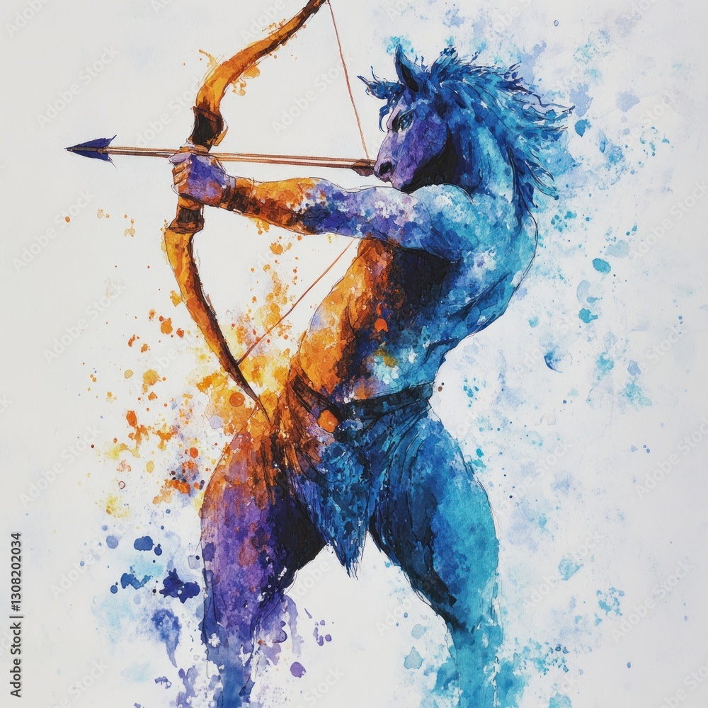 Fototapeta premium Mythological centaur archer aiming bow and arrow, vibrant watercolor style.