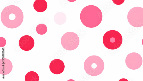 Abstract seamless pattern with pink and red circles of varying sizes on a white background. Ideal for textiles, wallpapers, and digital designs.