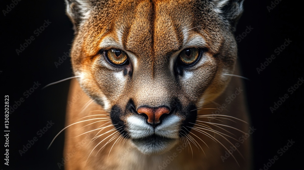 Obraz premium A mountain lion peers intently, its light brown fur contrasting with deep, shadowy eyes. The dark snout adds an intense aura to this majestic creature's gaze, capturing nature’s raw elegance