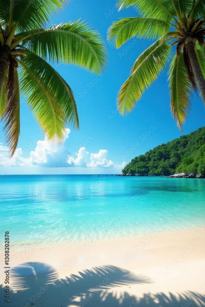Lush palms frame pristine beach, crystal clear water reflects sunlight , tropical flora, scenic view, crystal water Lush palms frame pristine beach, crystal clear water reflects sunlight , tropical flora, scenic view, crystal water