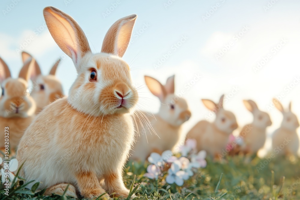 Fototapeta premium Cute Rabbits Sitting in Grass with Blossoming Flowers and Soft Light