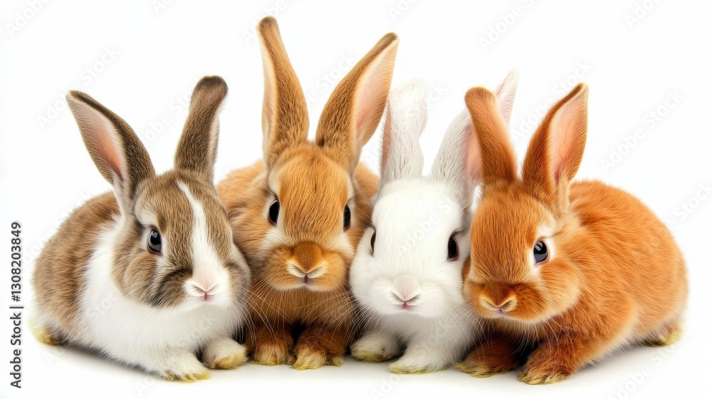 Fototapeta premium Four adorable bunnies of different colors and fur textures sit closely together against a white background. Their fluffy fur and sweet expressions