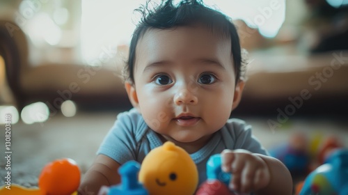 Happy Baby Playing with Colorful Toys on Soft Carpet Surface