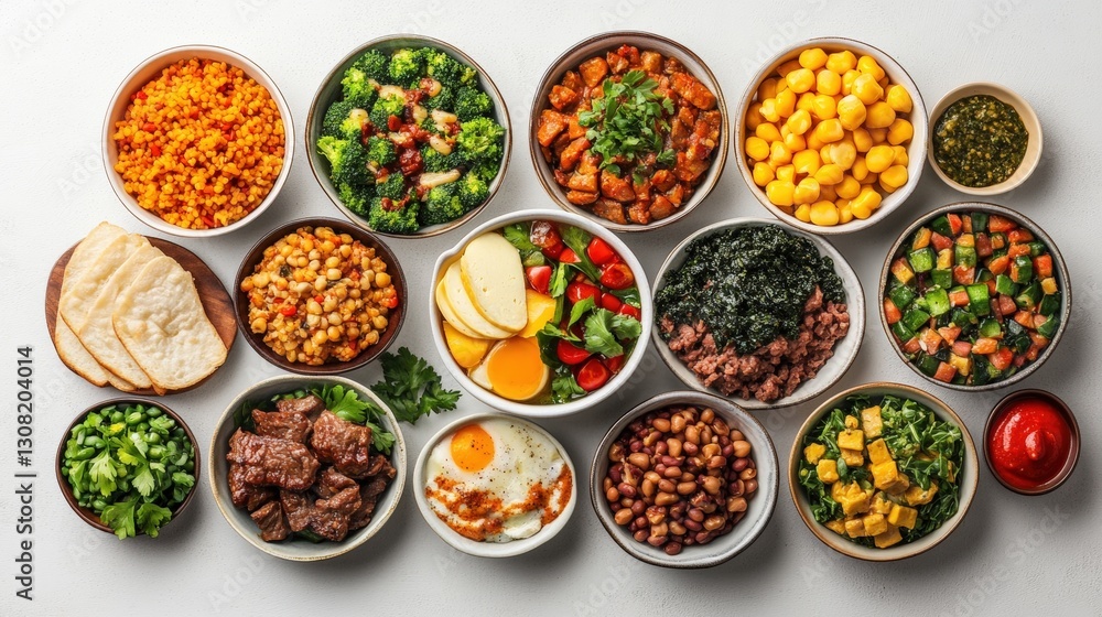An array of different food items displayed in bowls showcasing a rich variety of colors and textures for dining An array of different food items displayed in bowls showcasing a rich variety of colors and textures for dining