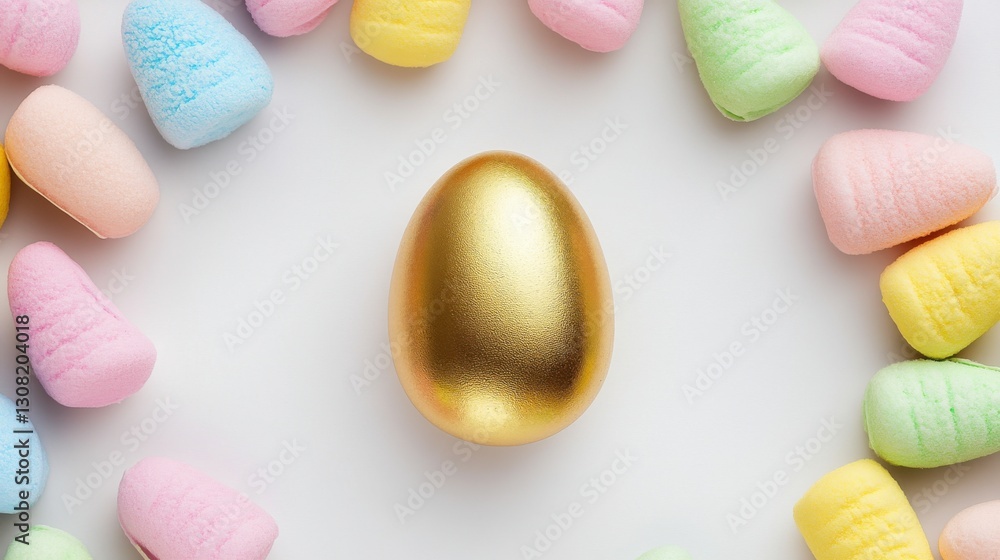 Fototapeta premium Gold egg in pastel candy frame. White background. Festive, celebratory image, Easter theme, spring colors. Overhead studio shot