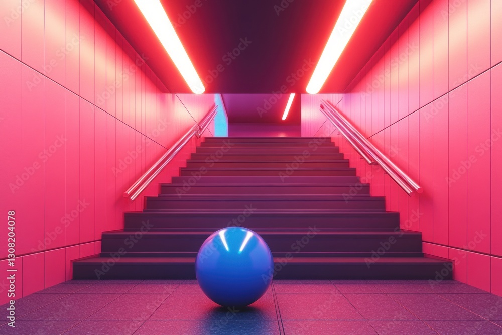 Obraz premium Neon-lit, futuristic stairway interior with a blue sphere.