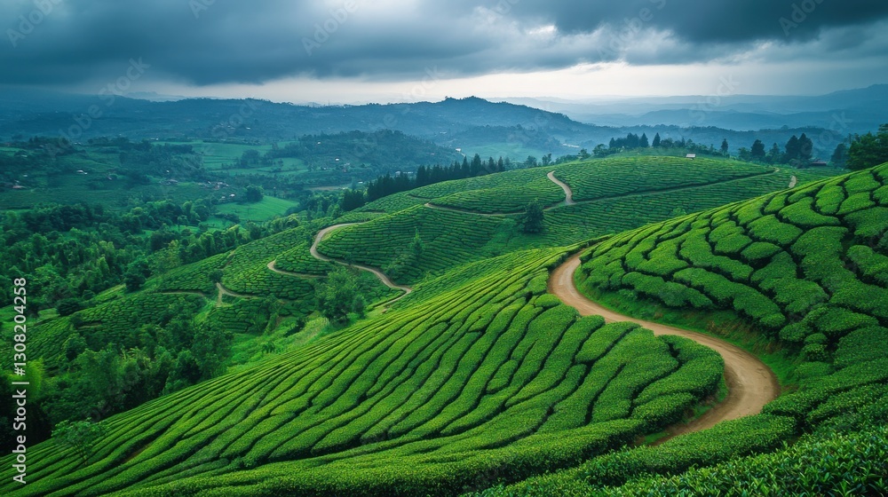 Lush Green Tea Fields Under Dramatic Cloudy Sky in Scenic Landscape Lush Green Tea Fields Under Dramatic Cloudy Sky in Scenic Landscape