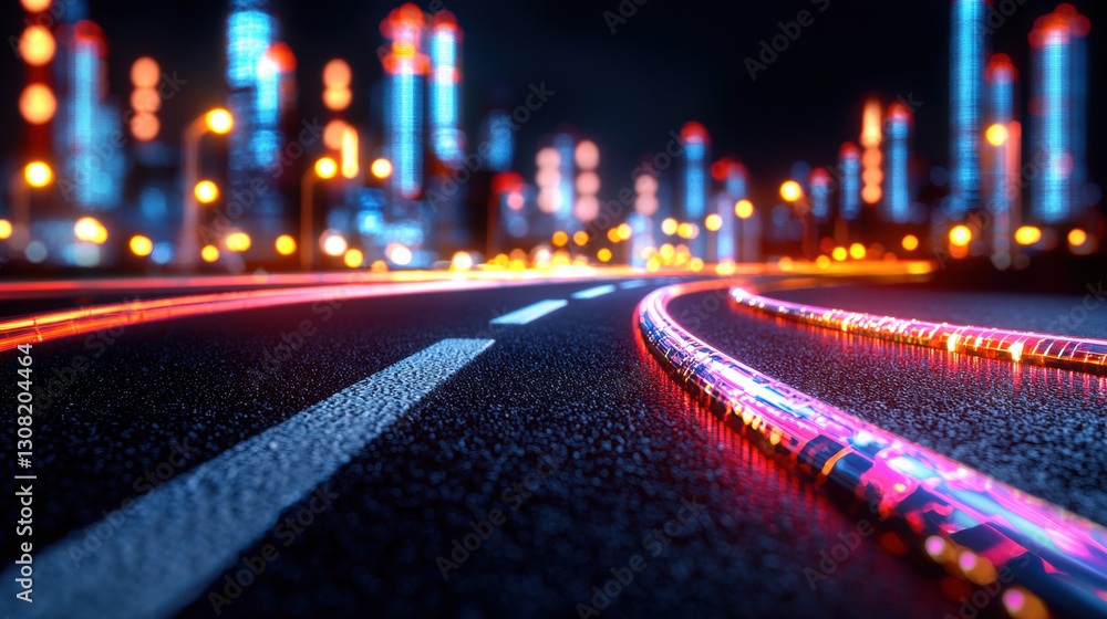 Obraz premium A captivating cityscape at night with illuminated buildings and streets highlighting urban life in realistic photography