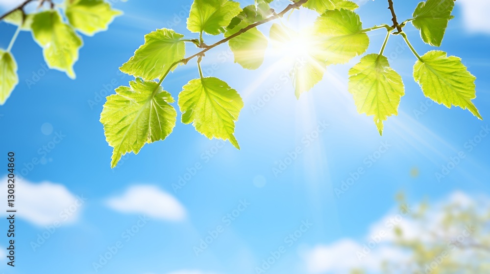 Bright Sunlight Through Green Leaves on a Branch Against a Blue Sky Bright Sunlight Through Green Leaves on a Branch Against a Blue Sky