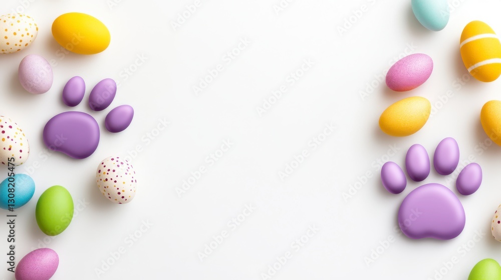 Pastel colored Easter eggs and purple paw prints on a white background. Festive spring or Easter design with copy space Pastel colored Easter eggs and purple paw prints on a white background. Festive spring or Easter design with copy space