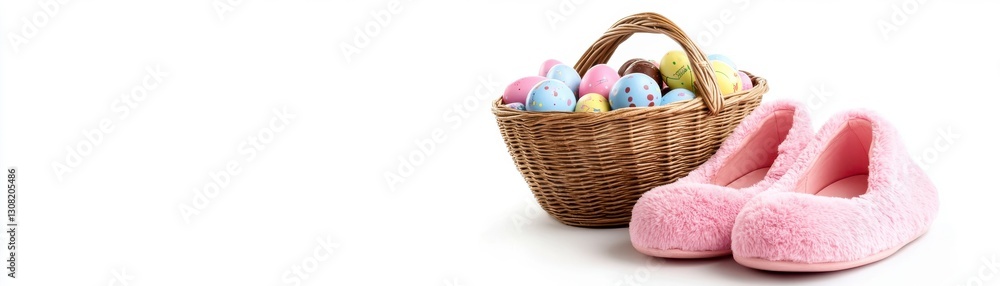 Pastel pink fuzzy slippers next to a brown wicker basket filled with pastel colored Easter eggs. White background Pastel pink fuzzy slippers next to a brown wicker basket filled with pastel colored Easter eggs. White background