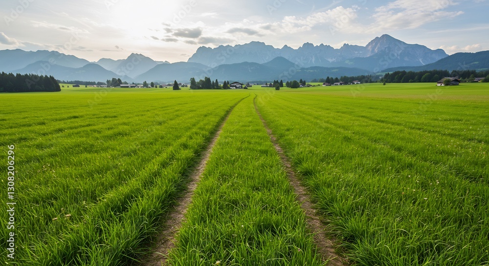 Serene green field gently slopes towards majestic mountains. AI Generated Serene green field gently slopes towards majestic mountains. AI Generated