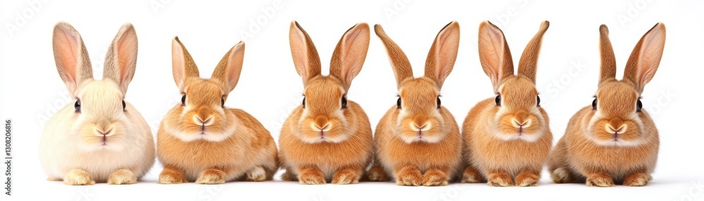 Fototapeta premium Six adorable rabbits of light brown and cream colors sit side by side against a stark white background. Their ears are upright, and they gaze
