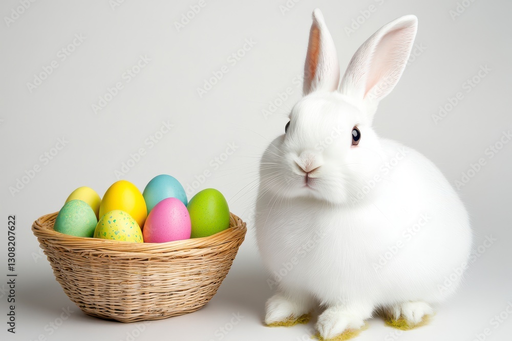 Fluffy white rabbit sits beside a wicker basket filled with colorful Easter eggs against a light gray background. A festive spring image Fluffy white rabbit sits beside a wicker basket filled with colorful Easter eggs against a light gray background. A festive spring image