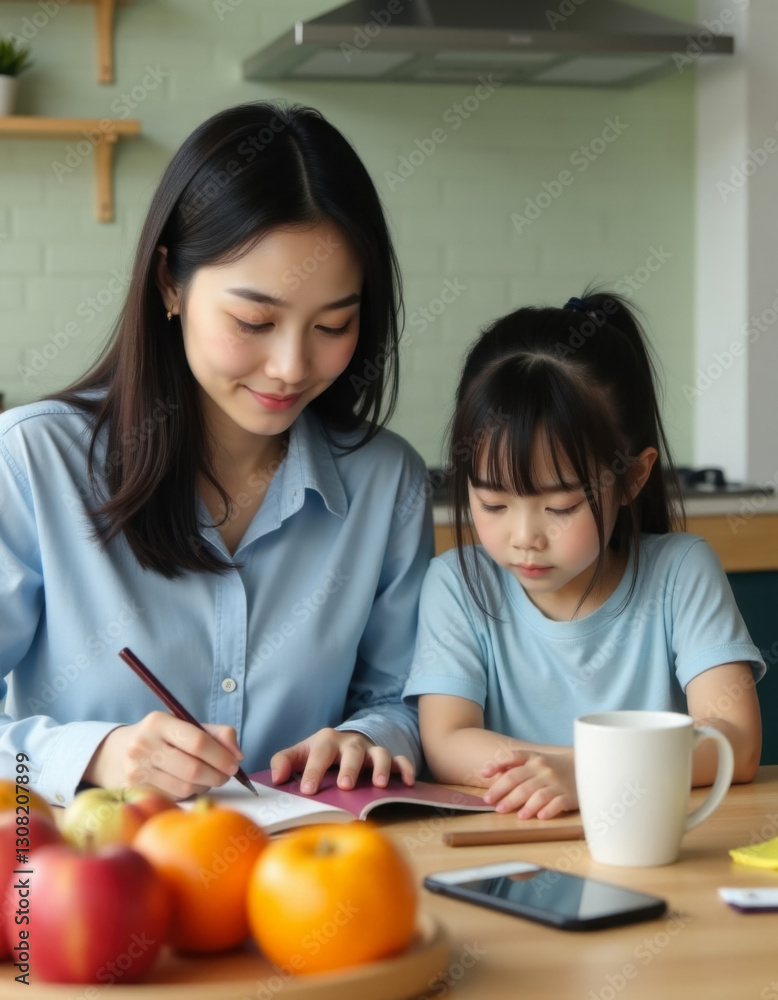 Asian mother and daughter sitting at kitchen table writing in notebook Asian mother and daughter sitting at kitchen table writing in notebook