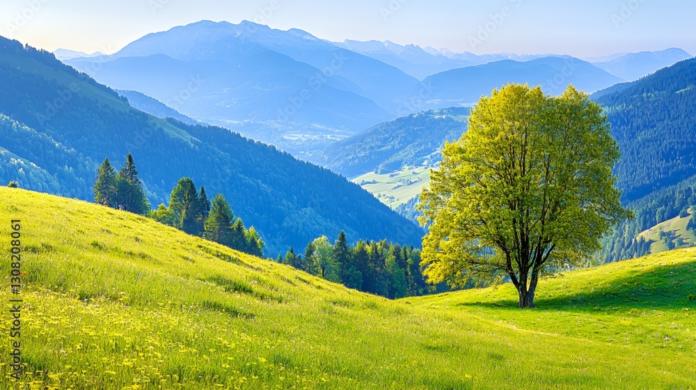 Obraz premium Bright Sunny Day in Mountain Landscape with Lush Green Meadow and Single Tree