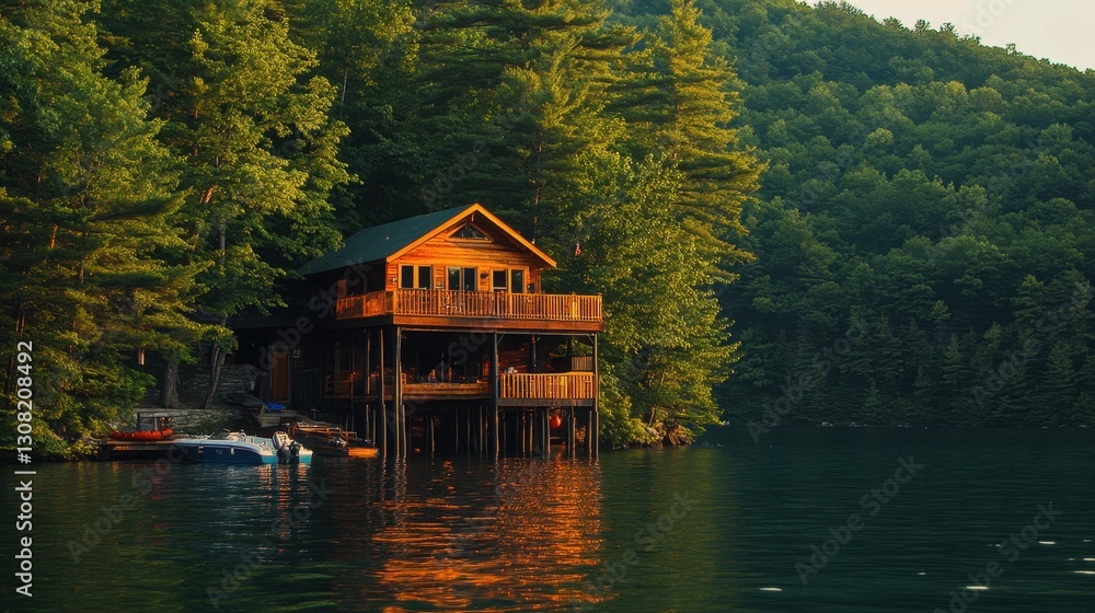 Obraz premium Serene Mountain Retreat with Rustic Cabin by Calm Lake at Sunset