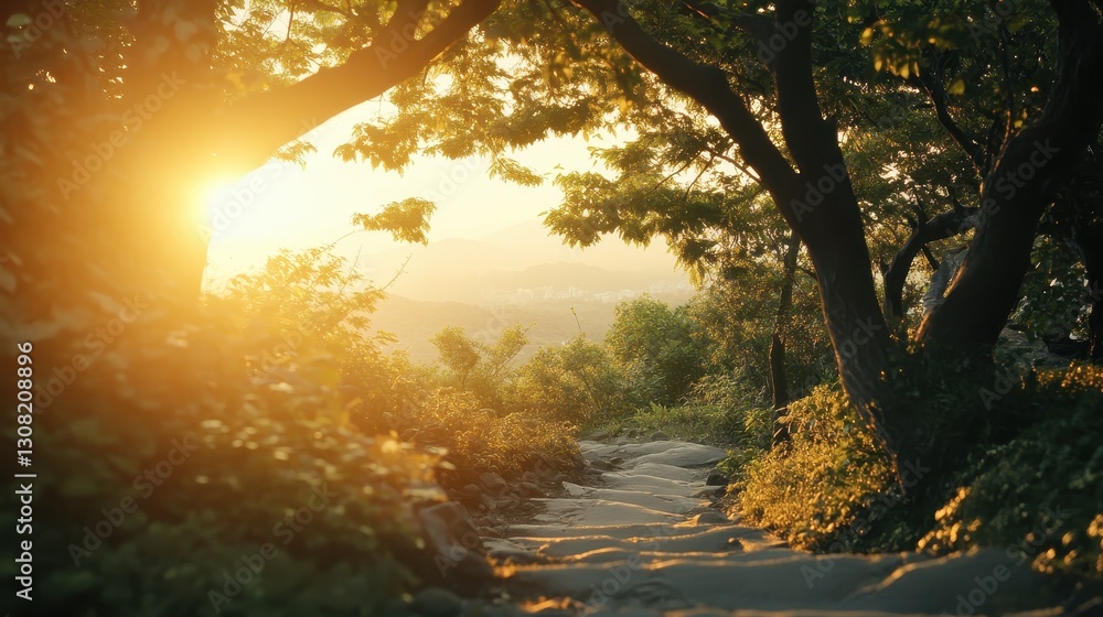 Serene Pathway Through Lush Green Trees at Sunset Glow Serene Pathway Through Lush Green Trees at Sunset Glow