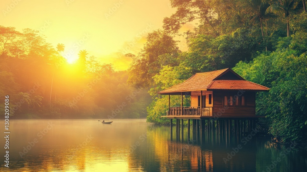 Fototapeta premium Serene Sunset Over Tranquil Lake and Wooden Cottage in Nature