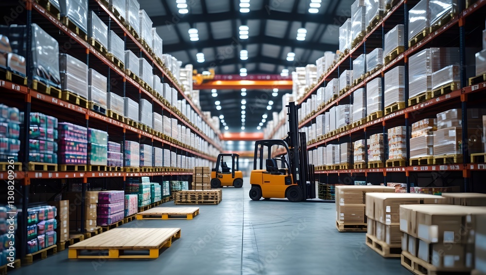 A large retail warehouse is filled with towering shelves stacked with merchandise packed in brightly colored cardboard boxes, alongside sturdy pallets and parked forklifts. A large retail warehouse is filled with towering shelves stacked with merchandise packed in brightly colored cardboard boxes, alongside sturdy pallets and parked forklifts.