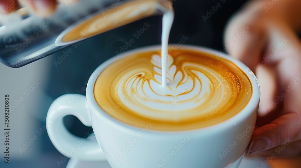 barista skillfully pours steamed milk into cup of coffee, creating intricate latte art with heart design. close up captures creamy texture and rich color of coffee, highlighting artistry involved barista skillfully pours steamed milk into cup of coffee, creating intricate latte art with heart design. close up captures creamy texture and rich color of coffee, highlighting artistry involved