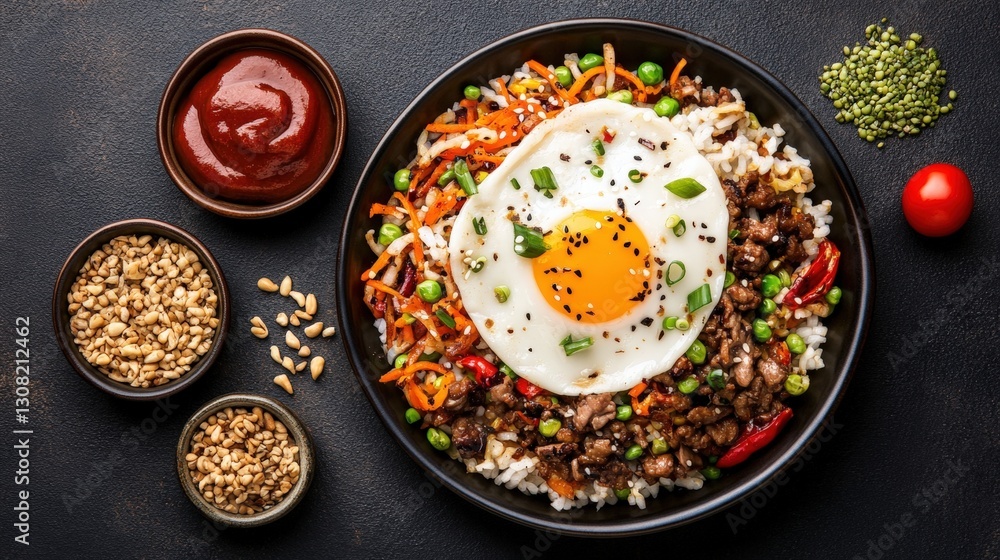 Wholesome bowl of nourishing food featuring a perfectly fried egg on top of a colorful array of ingredients and grains Wholesome bowl of nourishing food featuring a perfectly fried egg on top of a colorful array of ingredients and grains