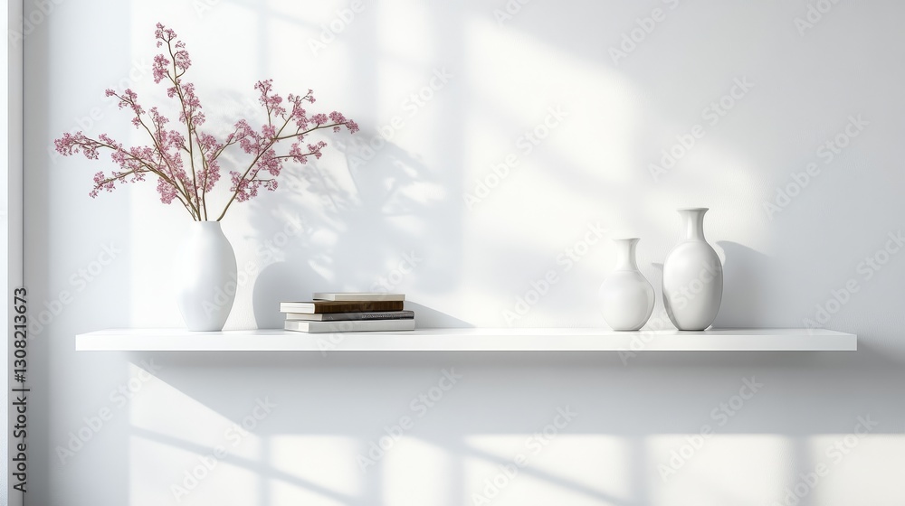 Modern floating shelf storage in a bright living room with elegant white shelves and decorative vases. Minimalist interior design featuring clean lines, stylish home decor, and functional organization Modern floating shelf storage in a bright living room with elegant white shelves and decorative vases. Minimalist interior design featuring clean lines, stylish home decor, and functional organization