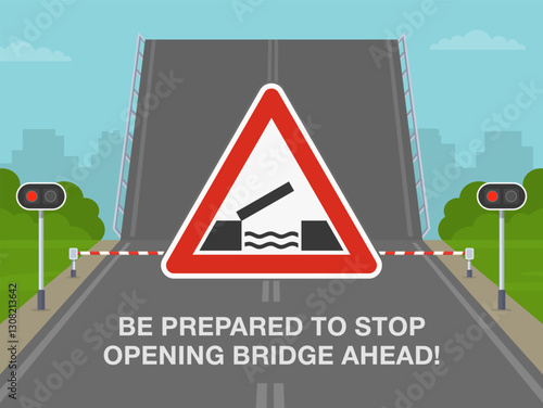 Safe driving tips and traffic regulation rules. Be prepared to stop, opening bridge ahead. Swing bridge and close-up of a road sign. Flat vector illustration template.